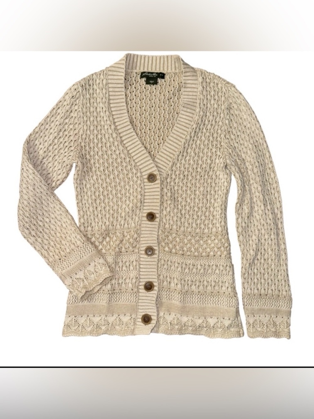 Eddie Bauer Womens Cardigan Sweater Cream Knit Button Front Cozy Cottage